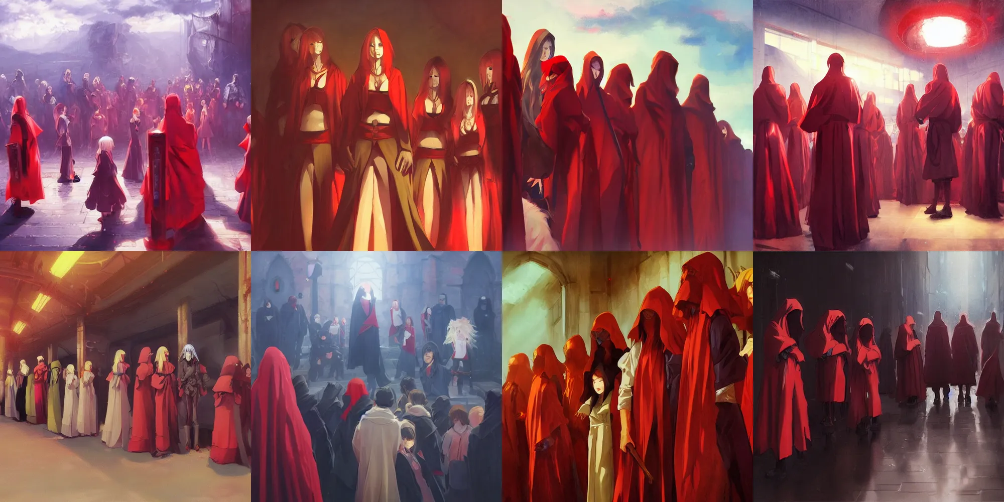 Prompt: oil painting anime by wlop and mobius, dozen red robe cultists, standing in a line, in front a girl cultist, smiling at camera, dramatic lighting