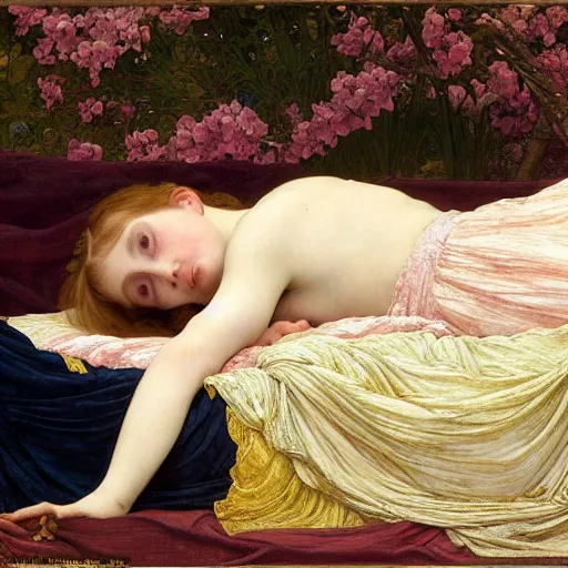 Prompt: a realistic portrait of a teenage girl who looks lie Chloe Grace Moretz and Saoirse Ronan lying on the floor, wearing a nightgown like Flaming June, by Frederic Leighton, Alphonse Mucha, Edward Burne Jones
