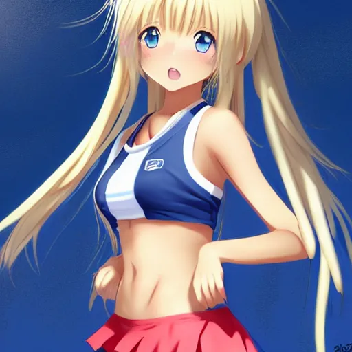 Image similar to a very beautiful young anime tennis girl, long blond hair, full body, ( sky blue eyes ), ( full round face ), short smile, bikini, miniskirt, highly detailed, cinematic wallpaper by stanley artgerm lau