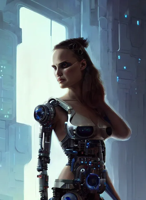 Prompt: a digital painting of Natalie Portman as a cyborg wearing a cyberpunk dress, by netter, style from greg rutkowski, beautiful eyes, full frame, oil painting, featured on artstation, concept art, smooth, sharp focus, illustration, very detailed, ambient lighting, unreal engine render, concept art by Atey Ghailan, by Loish, by Bryan Lee O'Malley