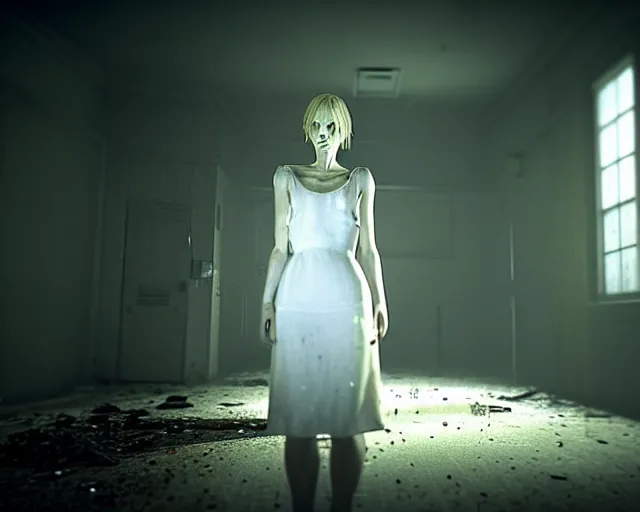 Image similar to creepy mangled woman wearing white dress standing in the backrooms, playable trailer, psychological horror, the eerie forlorn atmosphere of a place that's usually bustling with people but is now abandoned and quiet, buzzing fluorescent lights above the ceiling, unsettling images, liminal space, dark, silent hills, created by hideo kojima