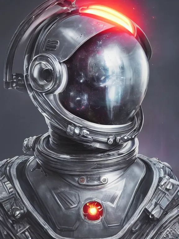 Image similar to portrait art of 8k ultra realistic retro futuristic astronaut, helmet visor smashed, glow around helmet, deep space , detailed intricate ornate armour,blade runner, cybernetic, full of colour, cinematic lighting, trending on artstation, 4k, hyperrealistic, focused, extreme details,unreal engine 5, cinematic, masterpiece, art by ayami kojima, giger