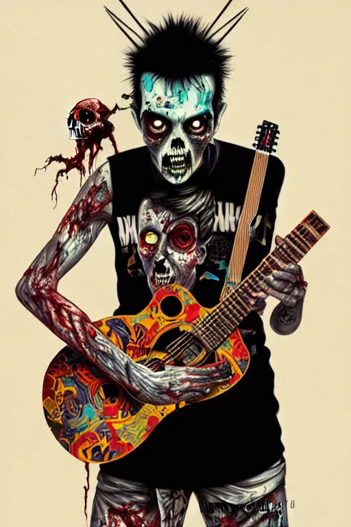 Image similar to zombie punk rocker playing acoustic guitar, tristan eaton, victo ngai, artgerm, rhads, ross draws, intricated details, 3 / 4 view, full body portrait