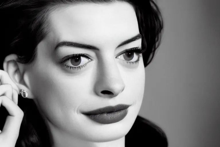 Image similar to beautiful medium shot of anne hathaway in a film noir ; grainy black and white movie still