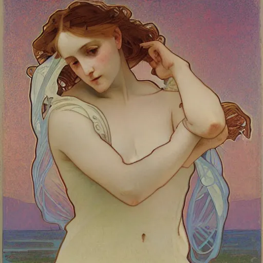 Image similar to tempera composed by alphonse mucha, by meredith marsone, by alexandre cabanel. the sculpture of two lakes in connecticut, with mountains in the distance.