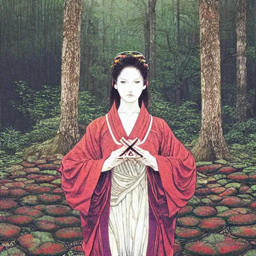 Image similar to a simple concept art portrait of an ancient temple in the forest, an award winning yoshitaka amano digital art poster, by, james gurney and gerhard richter. art by takato yamamoto. masterpiece, deep colours.