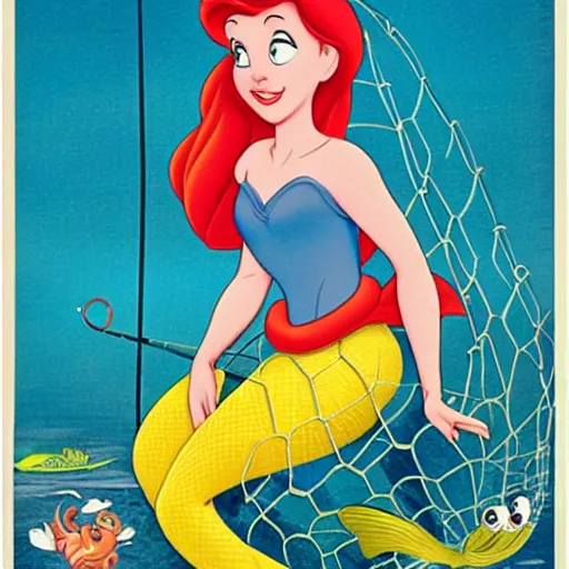 Image similar to disney poster of the little mermaid caught in a fishing net