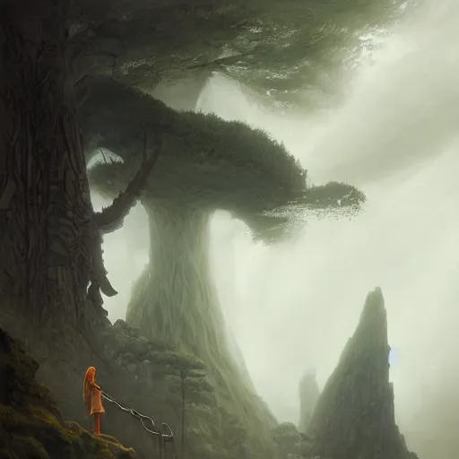 Prompt: stone humanoid colossus by grzegorz rutkowski and richard wright and peter mohrbacher and dan scott, atmospheric haze, stormy, redwood forest, gigantic trees, tiny woman in cloak in foreground silhouette, large scale