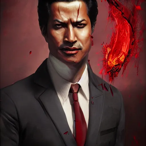 Image similar to portrait of rajesh hamal upper body in bloody business suit, blood red eyes, vampire fangs, fantasy, intricate, elegant, highly detailed, digital painting, artstation, concept art, matte, sharp focus, illustration, art by aenaluck and roberto ferri and greg rutkowski, epic fantasy, digital painting