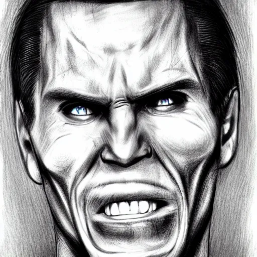 Image similar to Jerma985 with a cheek to cheek smile, sinister looking, evil intent, horror, uncanny, detailed, high resolution, sharpened, close-up, police sketch, wanted poster, pencil sketch, drawing, creepy, frightening