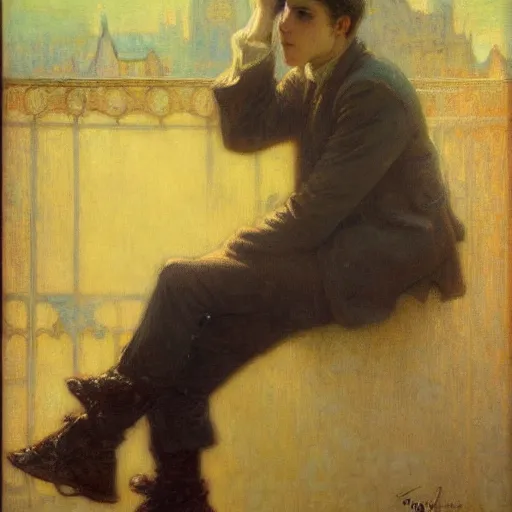 Image similar to eloquent soulful portrait of a haunted young man against bright background, oil painting, gaston bussiere, mucha, gerome,