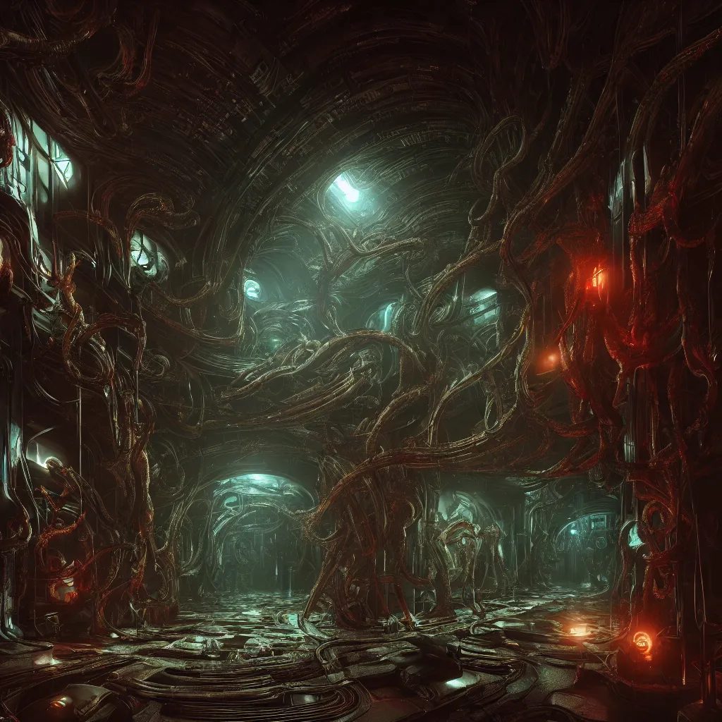 Image similar to Prometheus biological sci-fi corridor set in a nightmarish universe of odd forms and somber tapestry, humans exploring, HR Giger, vivid color scheme, featured in artstation, octane render, cinematic, elegant, intricate, 8k