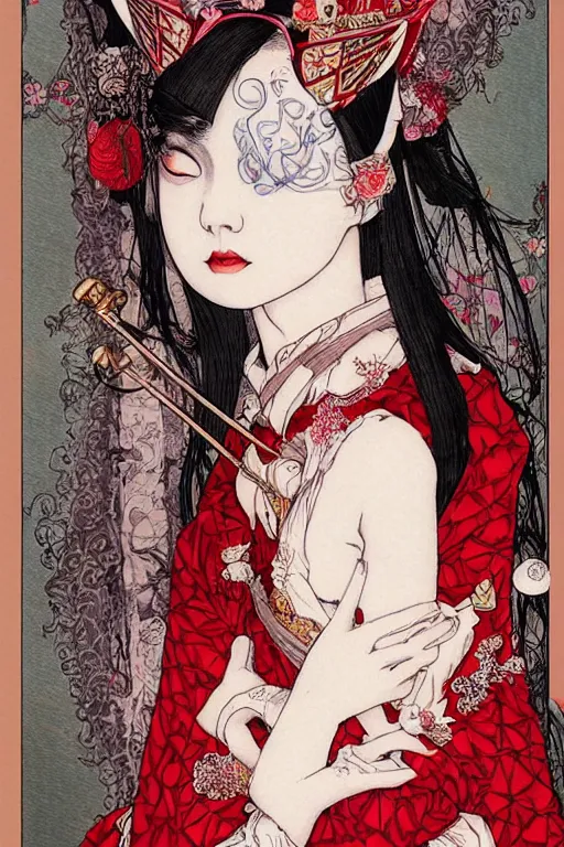 Image similar to thoth tarot card of an avant - garde japanese bjd geisha vampire queen with porcelain skin in victorian red dress in the style of dark - fantasy lolita fashion painted by yoshitaka amano, takato yamamoto, james jean, dmt art, symmetrical vogue face portrait, intricate detail, artstation, cgsociety, artgerm, gold skulls, rococo