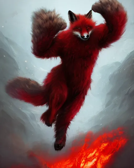 Prompt: oil painting of Angry Anthropomorphized Fox Berserker, wearing red fur, claws, sharp focus, attack pose, fantasy style, octane render, volumetric lighting, 8k high definition, by greg rutkowski, highly detailed, trending on art Station, magic the gathering artwork, burning Battlefield background, centered