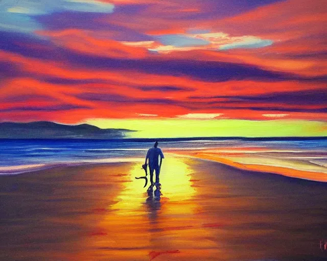 Prompt: man walking his dog at the beach at sunset, acrylic painting, far view