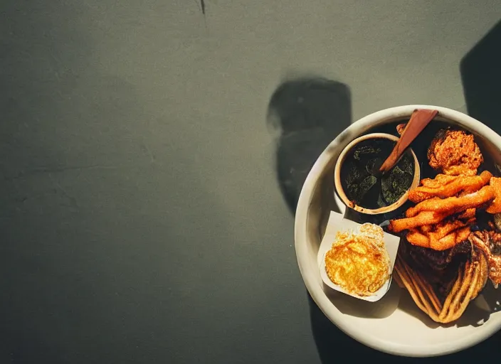 Image similar to top angled view of a bowl filled with bizarre greasy food by a laptop, poor lighting, photorealistic, dark, junk on desk, amateur photo, slightly out of focus