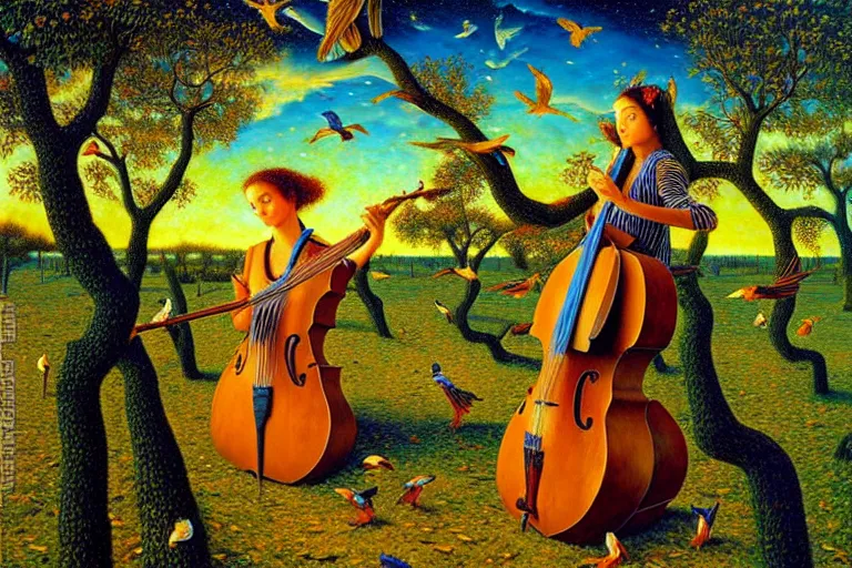 Image similar to oil painting, female playing the harph while birds are listening on the tree surreal, ultra realistic, wide angle, intricate details, artifacts, luminous skies, highly detailed, michael cheval, cinematic lighting