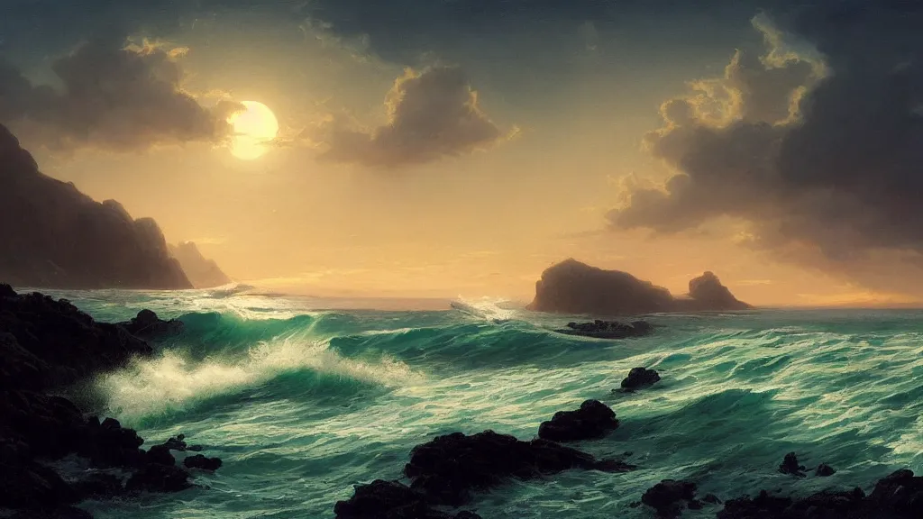 Prompt: first person view of breaking waves on the shore, moonlit , sea breeze rises in the air, by andreas rocha and john howe, and Martin Johnson Heade, featured on artstation, featured on behance, golden ratio, ultrawide angle, f32, well composed