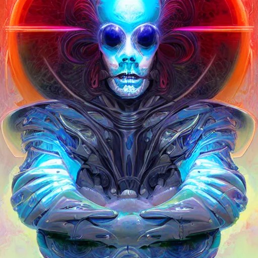 Image similar to a portrait of gemini light and dark neon grim reaper character portrait made of fractals facing each other, ultra realistic, wide angle, intricate details, the fifth element artifacts, highly detailed by peter mohrbacher, hajime sorayama, wayne barlowe, boris vallejo, aaron horkey, gaston bussiere, craig mullins