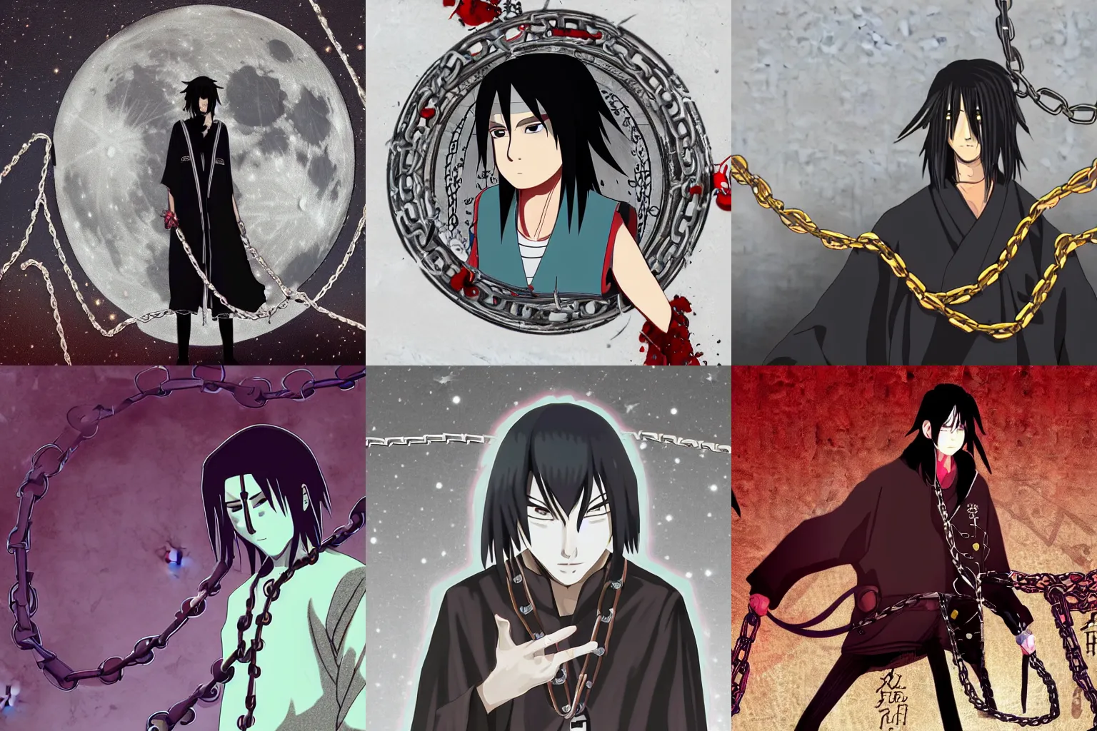 Prompt: '2D graphic design , itachi with chains , staying on bodies full moon background wallpaper style '