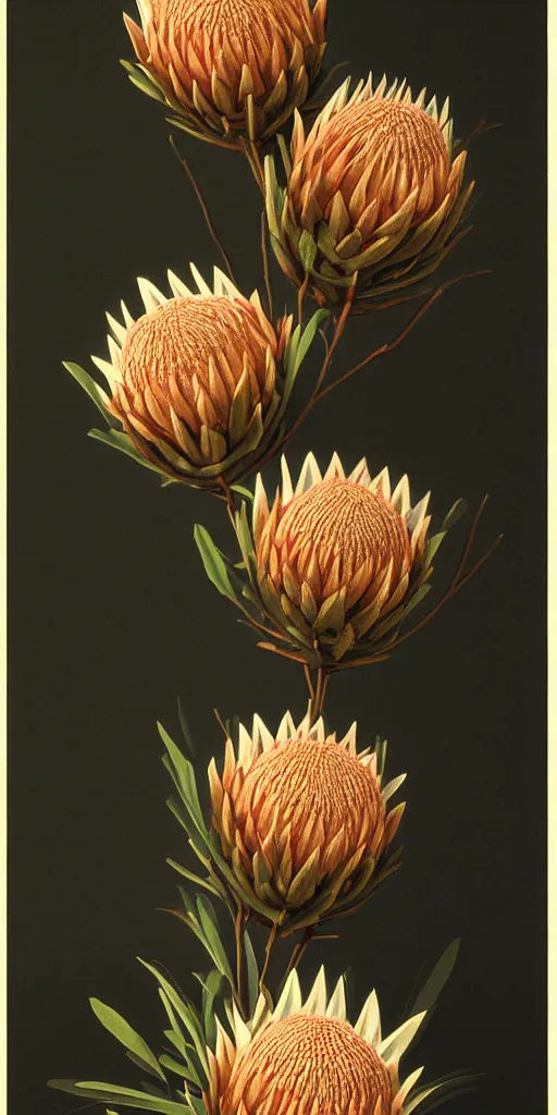 Prompt: detailed king proteas and pincushions against a black backdrop by martin johnson heade, artstation