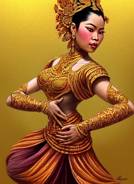 Image similar to beautiful javanese traditional dancer, surealism, aesthetic, shiny, fantasy, intricate, elegant, extremely higly detailed, digital painting, artstation, anatomy shape perfect, baroque, concept art, photoshop, krita, smooth, sharp focus, full body focus, illustration, digital painting, art by artgerm and greg rutkowski and alphonse mucha