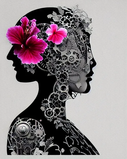 Prompt: monochrome profile portrait painting, dutch masters, silver lace floral steampunk biomechanical beautiful young female cyborg with one fluo techno eye, monocular, volumetric light, leaves foliage and stems, hibiscus flowers, rim light, big gothic fashion pearl embroidered collar, 8 k