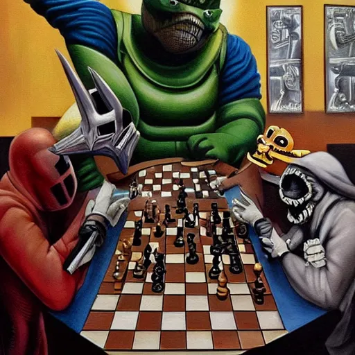 Image similar to beautiful lifelike painting of mf doom in a chess tournament with godzilla, hyperreal detailed facial features and uv lighting, art by ed roth and basil wolverton