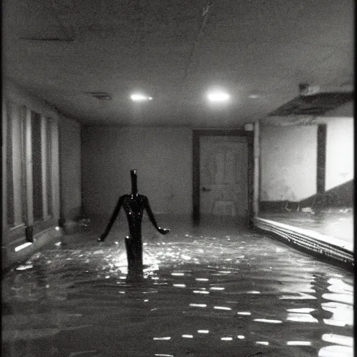 Image similar to a flooded creepy empty basement hallway with a creature standing in the dark, shaky, film grain, craigslist photo