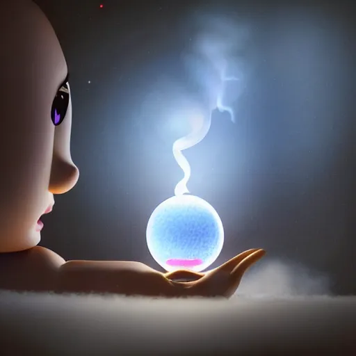 Prompt: cute fumo plush girl gazing into a crystal ball swirling with strange energy, smoke and volumetric fog, lens flare glow, chibi, vray