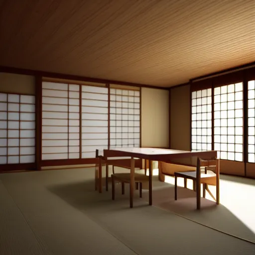Prompt: still photo of a japanese dining room, highly detailed, photorealistic portrait, bright studio setting, studio lighting, crisp quality and light reflections, unreal engine 5 quality render