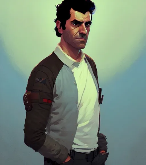 Image similar to portrait of poe dameron by atey ghailan, by greg rutkowski, by greg tocchini, by james gilleard, by joe fenton, by kaethe butcher, dynamic lighting, gradient light blue, brown, blonde cream and white color scheme, grunge aesthetic