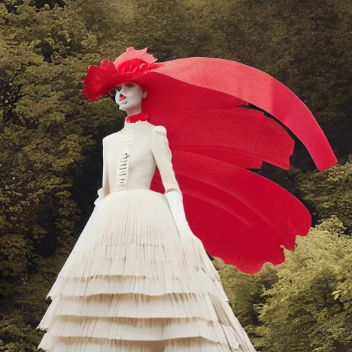 Image similar to Editorial photograph of a red Valentino Haute Couture dress and hat, photographed by Tim Walker