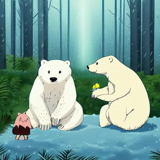 Prompt: cute photograph of a polar bear and a butterfly, living in a small home in a forest, raining outside, Hayao Miyazaki style