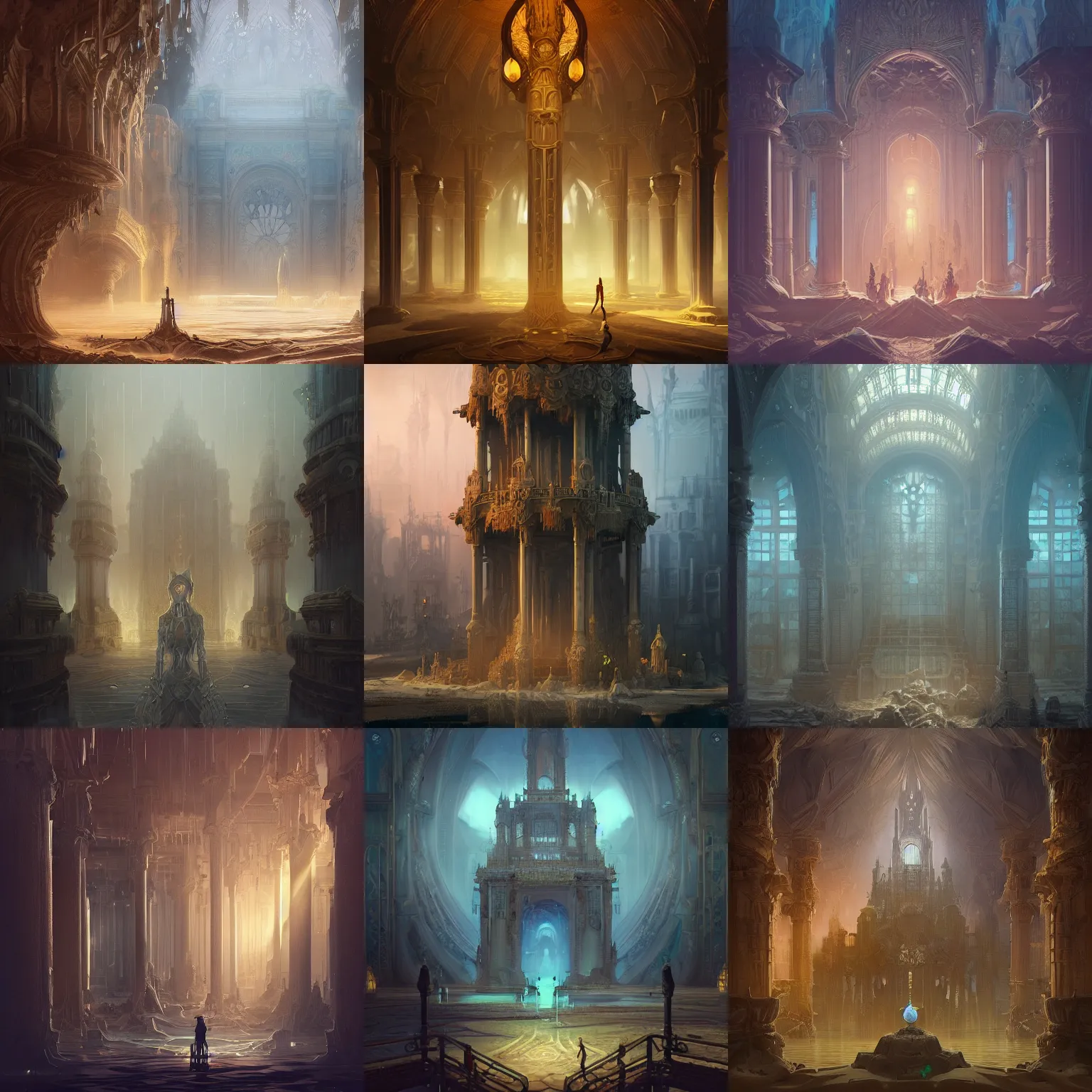 Prompt: palace in an hourglass flooded with sand, large pillars, sand coming from ceiling, by peter mohrbacher dan mumford craig mullins nekro, cgsociety, pixiv, volumetric light, 3 d render