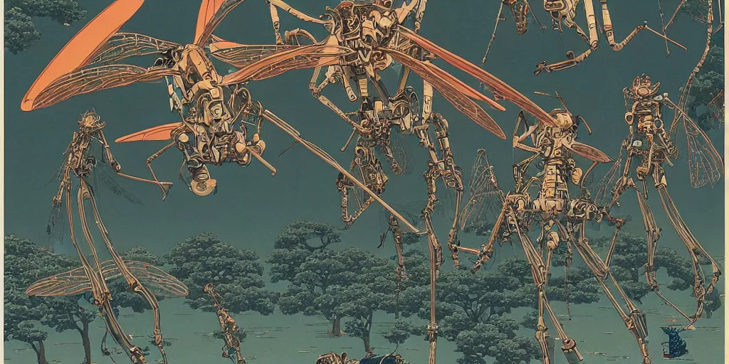 Image similar to gigantic dragonflies with human faces catch tiny robots, a lot of exotic mechas robots around, human heads everywhere, risograph by kawase hasui, satoshi kon and moebius, 2 d gouache illustration, omnious, intricate, a lot of tiny details, fullshot