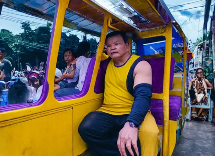 Image similar to thanos wearing a tanktop in a jeepney, real life photograph, award winning photograph, 4 k, high definition
