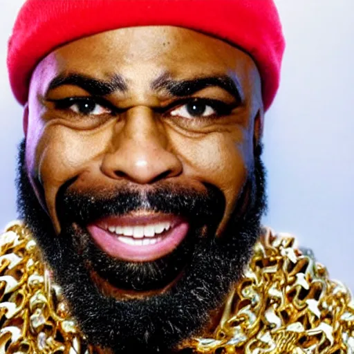 Prompt: a photograph of joe rogan as mr. t wearing many gold chains