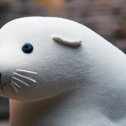 Image similar to a plush of a white seal, sigma 5 0 mm f 1. 4