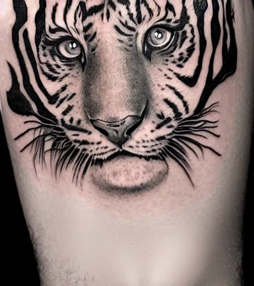 Image similar to tattoo design of a beautiful girl warrior under a tiger head, hyper realistic, realism tattoo, by eliot kohek, beautiful eyes, realistic face, black and white, white background