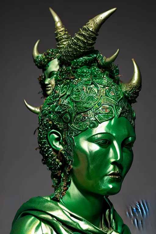 Image similar to metallic emerald carved statue of horned persian sacred demon goddess, sculpture with metallic polished intricated surfaxe, dressed with a colorful torn silk cloak, made by antonio corradini, and dug stanat macabre art, dark surrealism, epic and cinematic view, volummetric light, texturized, detailed, 8 k