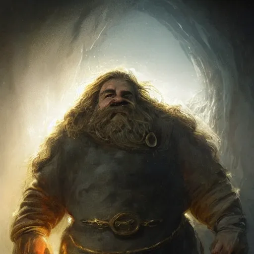Image similar to portrait of a dwarf holding in two hands the humongous raw, unrefined gold nugget with organically sculpted lines, realistic, beautiful, fantasy art, dnd, lord of the rings, mid - shot, moody lighting, by greg rutkowski, wlop, artgerm, concept art, sharp focus, ray tracing