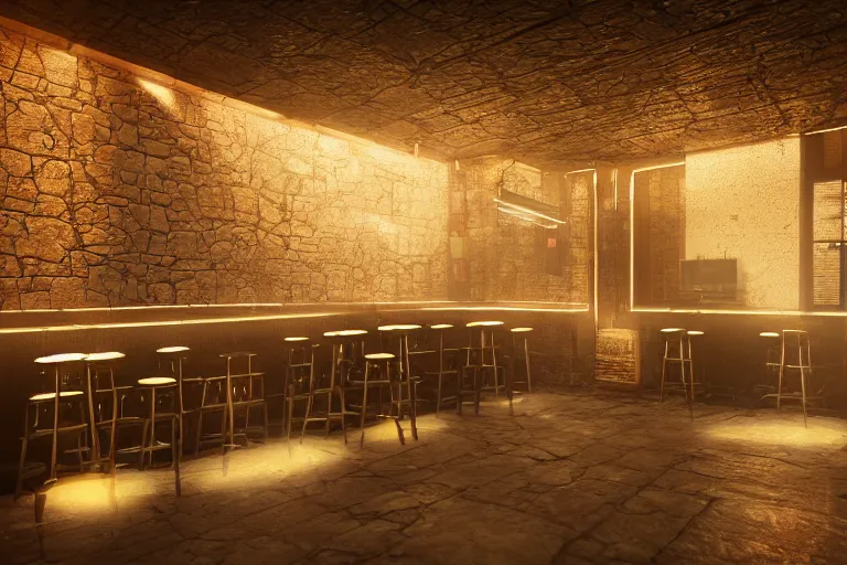 Image similar to ultra mega super hyper realistic Digital concept interior design of cyberpunk tavern with stone walls and neon lights. Natural white sunlight from the transperient roof. Rendered in VRAY and DaVinci Resolve and MAXWELL and LUMION 3D, Volumetric natural light