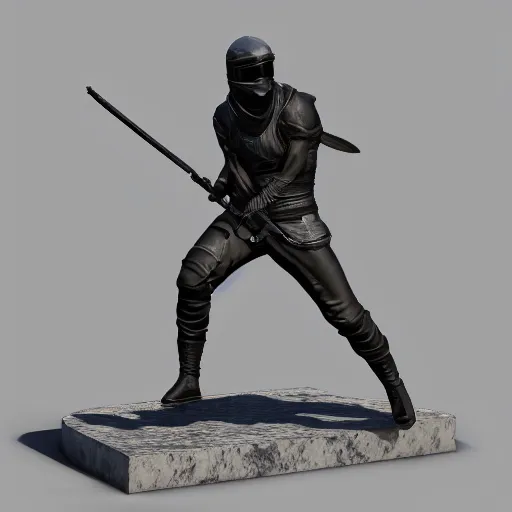 Prompt: focused 3 d rendering of marble and chrome statue of ninja wearing full face mask and hunter hat, combat suit, technological, octane render, all marble