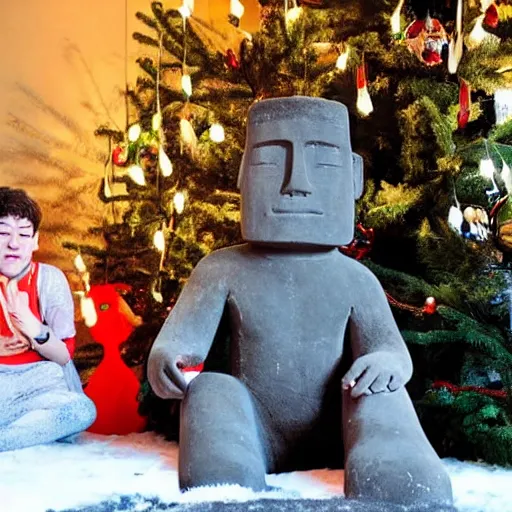 Prompt: a kid at christmas disappointed and crying looking a giant moai statue, his hands buried in his face, sitting down, looking disgusted and annoying | inside of a house next to a christmas tree, large opened present box next to the moai