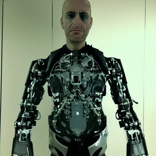Image similar to grainy photo of an ugly man, wearing bionic implants, cyborg criminal,