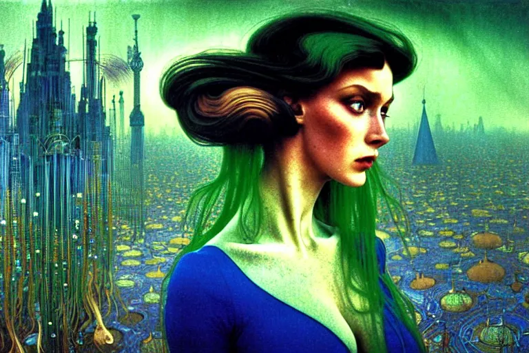 Prompt: realistic detailed photorealistic film portrait shot of a beautiful green haired woman in a crowded futuristic moscow street by Denis Villeneuve, Amano, Yves Tanguy, Alphonse Mucha, Ernst Haeckel, Andrei Tarkovsky, Edward Robert Hughes, Roger Dean, rich moody colours, wide angle, blue eyes