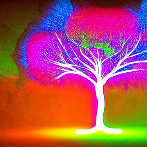 Image similar to psychedelic tree with neons and lasers