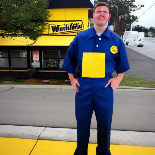 Prompt: wafflehouse employee's standing below wafflehouse sign, employees uniform is blue and black with yellow name tags