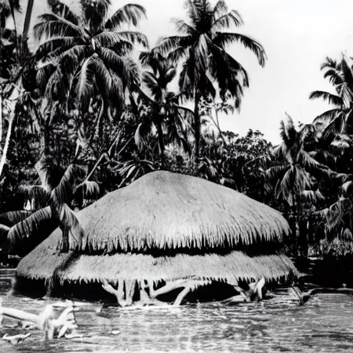 Image similar to a rizom lost film footage of a 3 d volume in the middle of the tropical jungle / tropicalism / tropicalism / tropicalism / film still / cinematic / enhanced / 1 9 2 0 s / black and white / grain